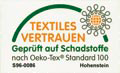 Zertifikat vom Hohenstein Institut, Produkt ist nach Oeko-Tex Standard 100 getestet und zertifiziert.