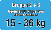 Kindersitze der Gruppe 2 + 3 sind geeignet für Kinder von 15 - 36 Kg, die das 12. Lebensjahr noch nicht vollendet oder eine Körpergröße von 150 cm (DE) noch nicht erreicht haben. geeignet für Kinder von 15 - 36 Kg
