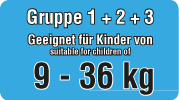 Kindersitze der Gruppe 2 + 3 sind geeignet für Kinder von 15 - 36 Kg, die das 12. Lebensjahr noch nicht vollendet oder eine Körpergröße von 150 cm (DE) noch nicht erreicht haben. geeignet für Kinder von 15 - 36 Kg